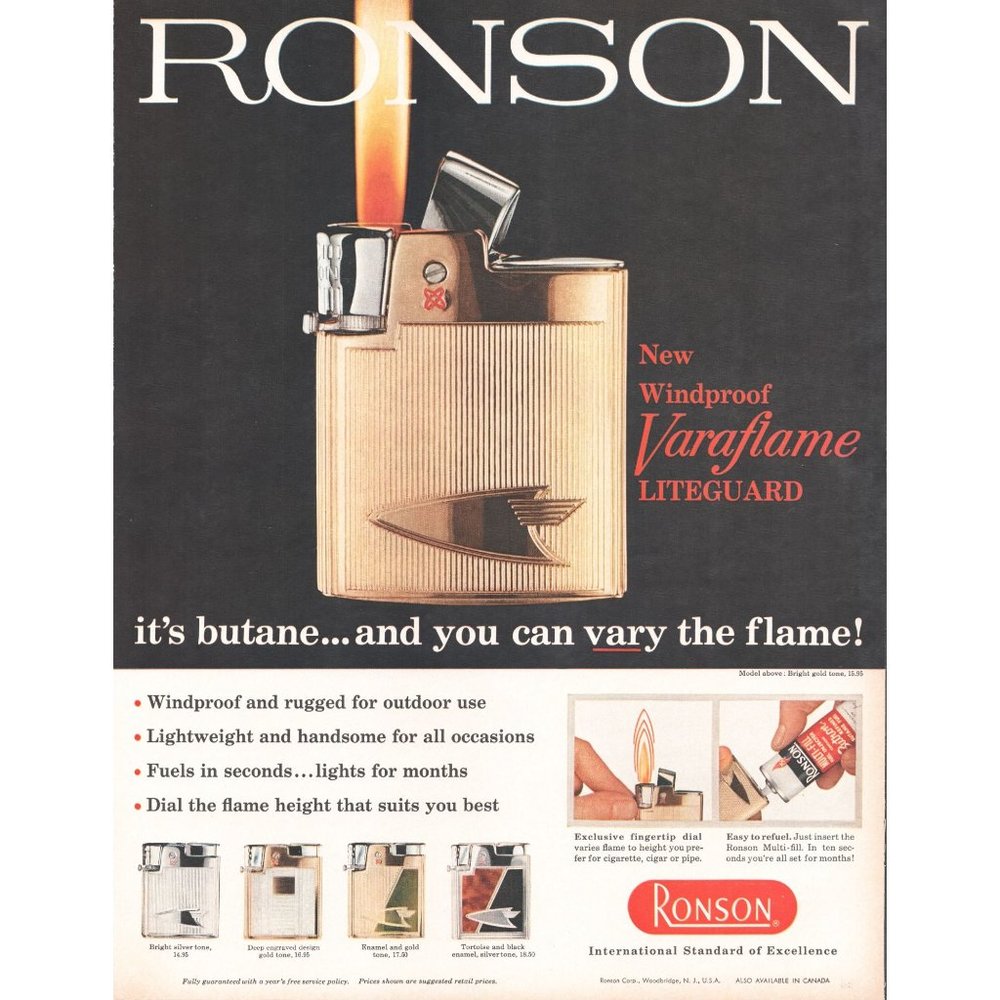 1960 Ronson Windproof Varaflame Cigarette Lighter Vintage Print Ad Wall Art 60s